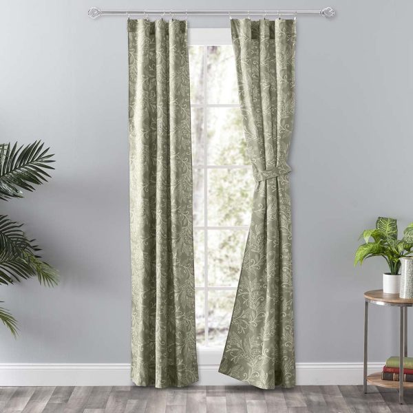Ellis Curtain Lexington Leaf Pattern on Colored Ground Curtain Pair with Ties Sage - 图片 2