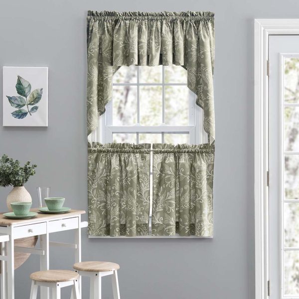 Ellis Curtain Lexington Leaf Pattern on Colored Ground Tailored Swags 56x36 Sage - 图片 2