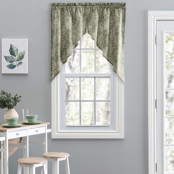 Ellis Curtain Lexington Leaf Pattern on Colored Ground Tailored Swags 56x36 Sage