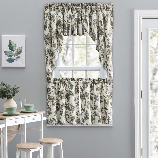 Ellis Curtain Madison Floral Design Printed Natural Ground 1.5 Rod Pocket Tailored Swag 56 x 36 Blue - 图片 2