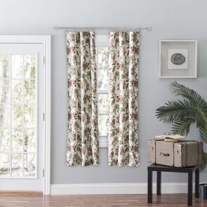 Ellis Curtain Madison Floral Printed Natural Ground Tailored 3 Rod Pocket Panel Pair with Tiebacks Brick