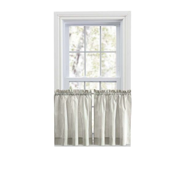 Ellis Curtain Plaza Classic Ticking Stripe Printed on Natural Ground 1.5 Rod Pocket Tailored Tiers Sage