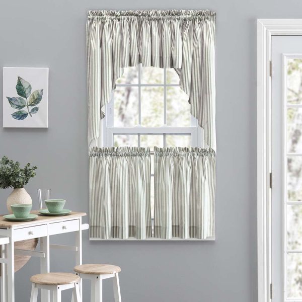 Ellis Curtain Plaza Classic Ticking Stripe Printed on Natural Ground 1.5 Rod Pocket Tailored Tiers Sage - 图片 4