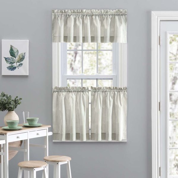 Ellis Curtain Plaza Classic Ticking Stripe Printed on Natural Ground 1.5 Rod Pocket Tailored Tiers Sage - 图片 9