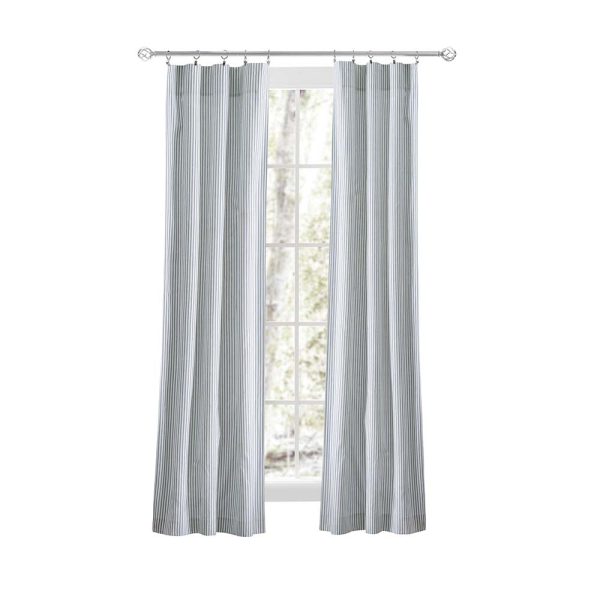 Ellis Curtain Plaza Classic Ticking Stripe Printed on Natural Ground 3 Rod Pocket Tailored Panel Pair Blue