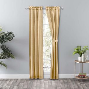 Ellis Curtain Lisa Solid Color Poly Cotton Duck Fabric Tailored Panel Pair with Ties Butter