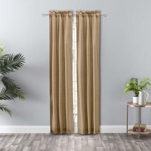 Ellis Curtain Lisa Solid Color Poly Cotton Duck Fabric Tailored Panel Pair with Ties 3 Rod Pocket Tan