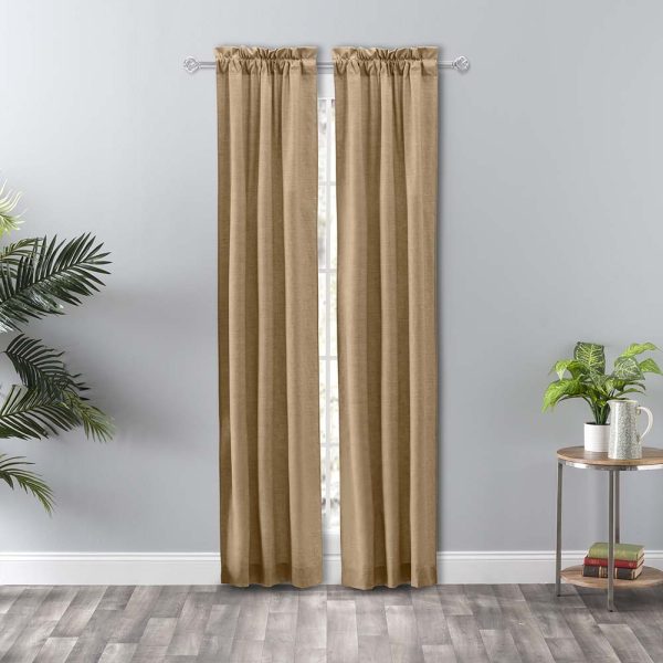 Ellis Curtain Lisa Solid Color Poly Cotton Duck Fabric Tailored Panel Pair with Ties 3 Rod Pocket Tan