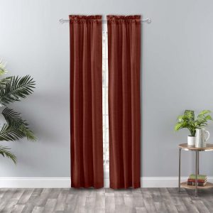Ellis Curtain Lisa Solid Color Poly Cotton 3 Rod Pocket Duck Fabric Tailored Panel Pair with Ties Red