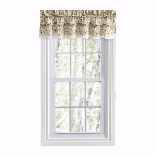 Ellis Curtain Cherries Ruffled 1.5 Rod Pocket Valance for Windows 52 x 12 Natural