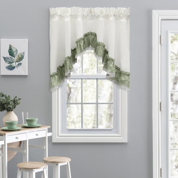 Ellis Curtain Madelyn Ruflled Victorian 1.5 Rod Pocket Swag for Windows Lace Edge 82 x 38 Sage - 图片 2