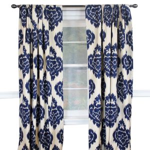 RLF Home Flame Large Damask Flame Design Pair Of Lined Panels 3 Rod Pocket (Pair) Navy Blue/Ivory