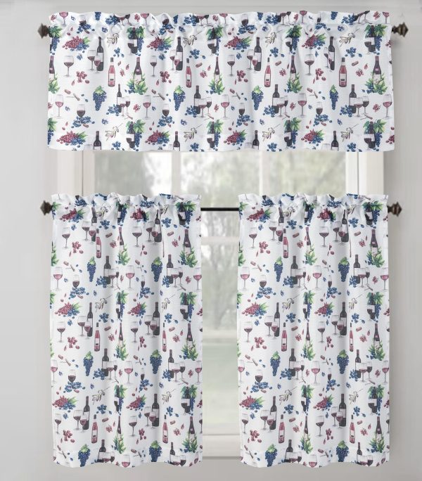 RT Designer's Collection Tribeca Wine Printed Slub 3 Pieces Kitchen Curtain Set Includes 1 Valance 52 x 18 and 2 Tiers 26 x 36 Each Multi Color